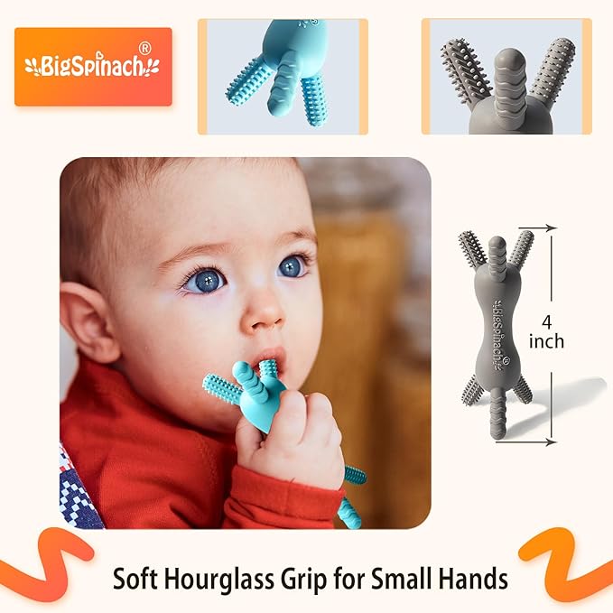 BIGSPINACH 3D Baby Teether, BPA-Free Multi-Texture Silicone Teething Stick Toy,360-Degree Textured Design, Easy-Grip Design for Infants and Toddlers (Grey, 3D)