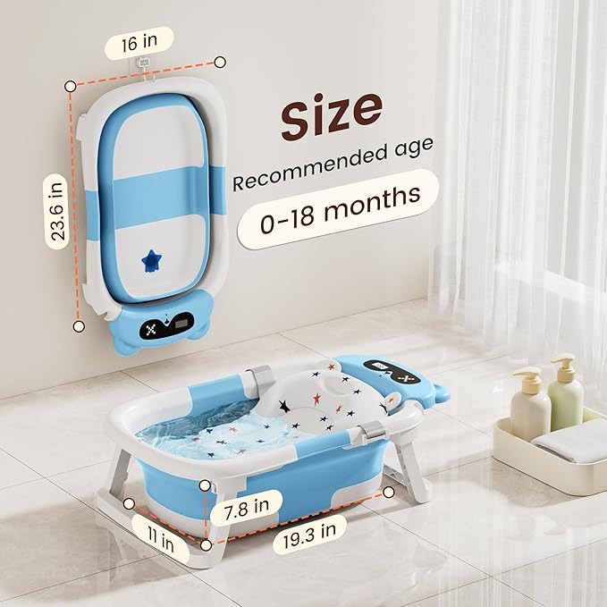 Baby Bathtub,Foldable Baby Bath Tub for Newborn to Toddler (0-18 Months) – Collapsible Infant Tub for Travel with Thermometer, Soft Cushion,Blue