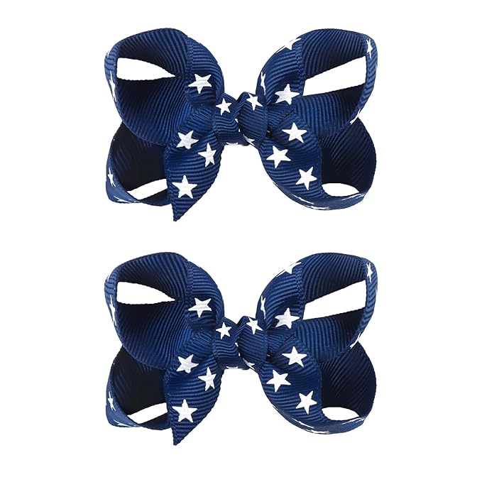 YanJie 2pcs Baby Hair Clips 3‘’ Navy Blue Bow Ribbon American Flag Hair Bows White Stars Clips
