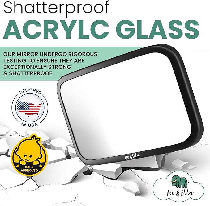 Leo&Ella Extra Large Baby Car Mirror for Tesla & Fixed Headrests, Secure View of Infant in Rear Facing Carseat with Continuous Loop System, 100% Shatterproof, 13.7 Inch Convex Mirror, 360 Rotation