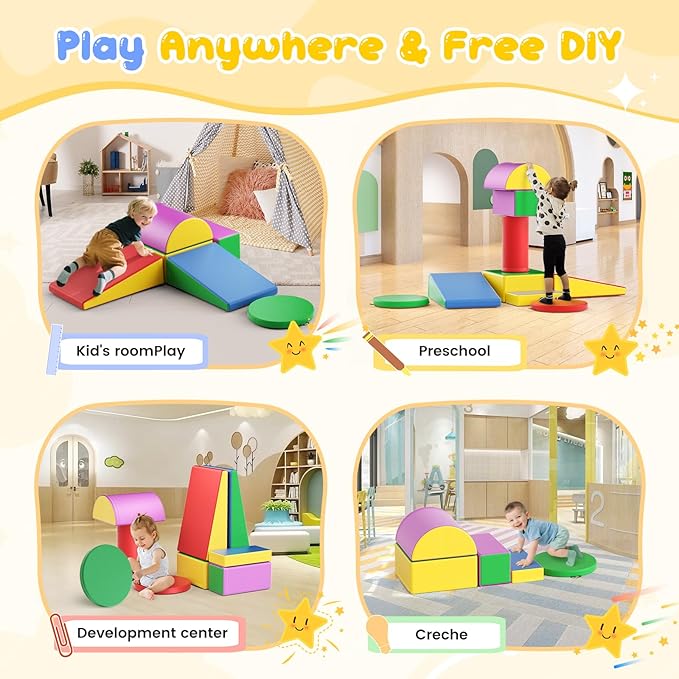 Lischwert Foam Climbing Blocks, Soft Climbing Toys for Toddlers, 9 Pieces Crawl and Climb Foam Playset with Cushion Pad, Indoor Climber Activity Play Set for Kids Age 1+(Colorful)