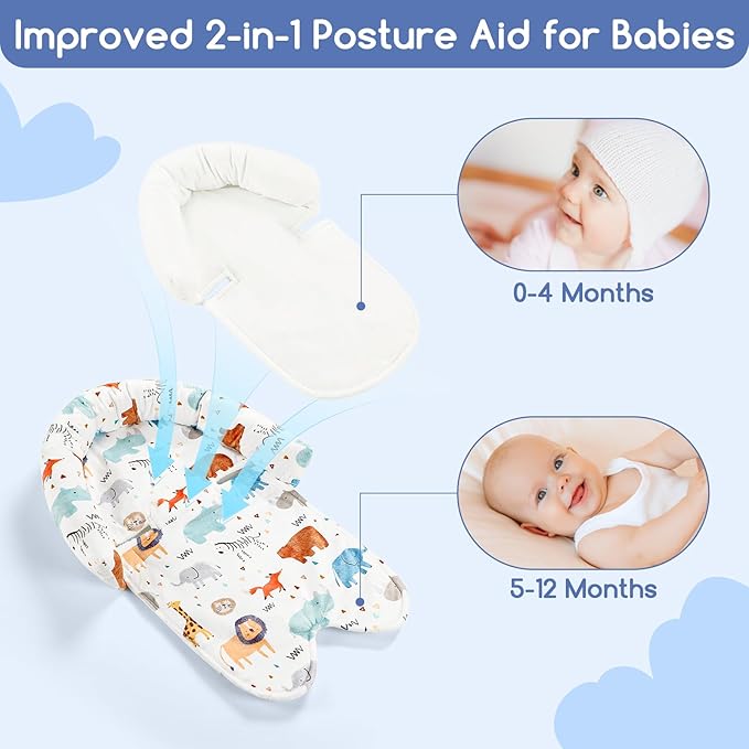 Infant Car Seat Insert & Strap Cover for Baby Boys, 2 in 1 Carseat Head Support Newborn, Ultra Soft Car Seat Cushion for Babies, Plush Fabric, Fit for Swing, Car Seat, Stroller, Bouncer, White