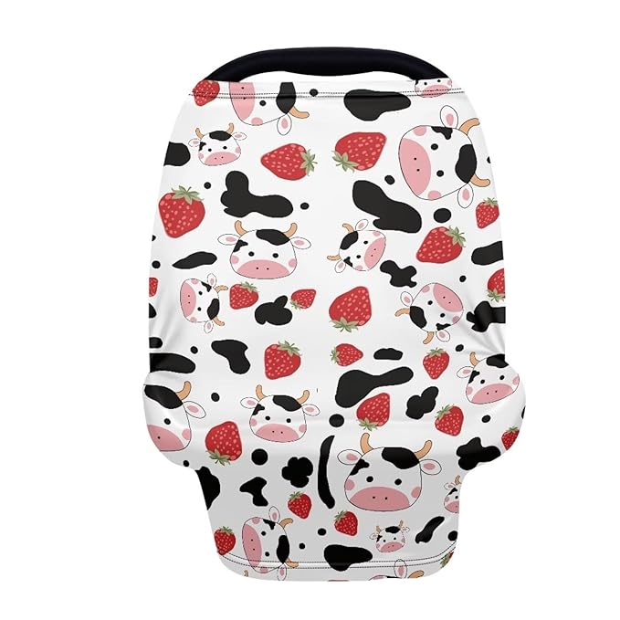 Wanyint Cow Strawberry Print Stretchy Nursing Scarf Car Seat Canopy Baby Car Seat Cover, Baby Breastfeeding Stroller High Chair Shopping Cart Cover, Breathable Nursing Cover for Boys Girls