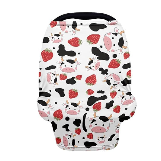 Wanyint Cow Strawberry Print Stretchy Nursing Scarf Car Seat Canopy Baby Car Seat Cover, Baby Breastfeeding Stroller High Chair Shopping Cart Cover, Breathable Nursing Cover for Boys Girls