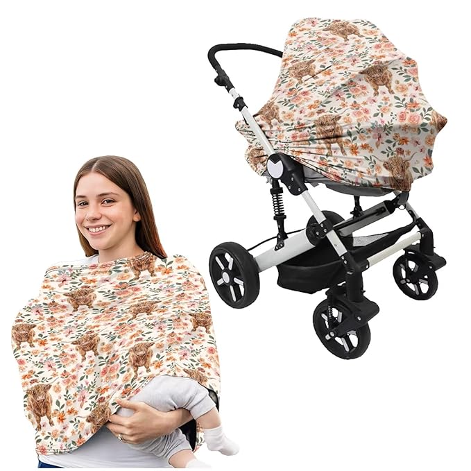 Cute Highland Cow Flower Car Seat Cover with U Shaped Pillowcase Cover Set of 2, Carseat Protectors for Girl Boy, Multi-use Baby Carrier Covers, Stroller Sun Shade, Nursing Breastfeeding Covers