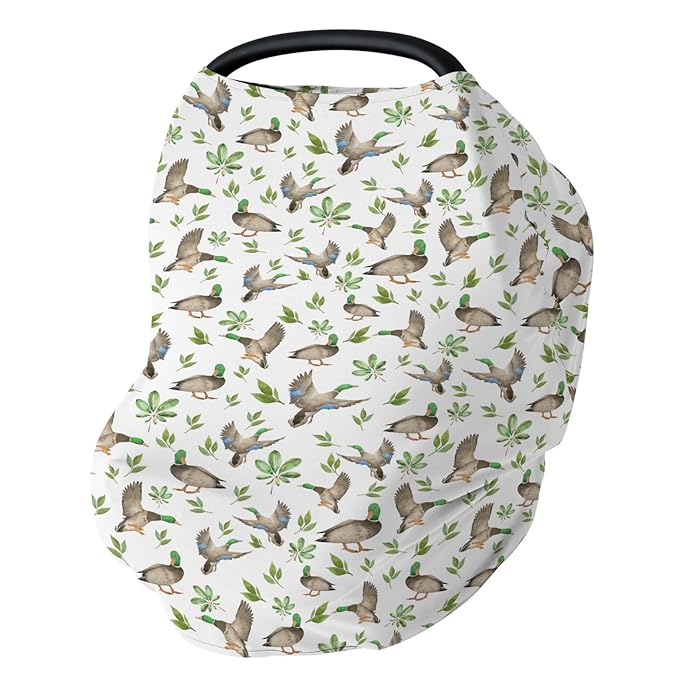 Wild Ducks Green Leaves Car Seat Cover for Babies Green Mallard Ducks Stretchy 5-in-1 Cover Adjustable Car Canopy Cover Duck Hunting Animals Breathable Nursing Cover-Up