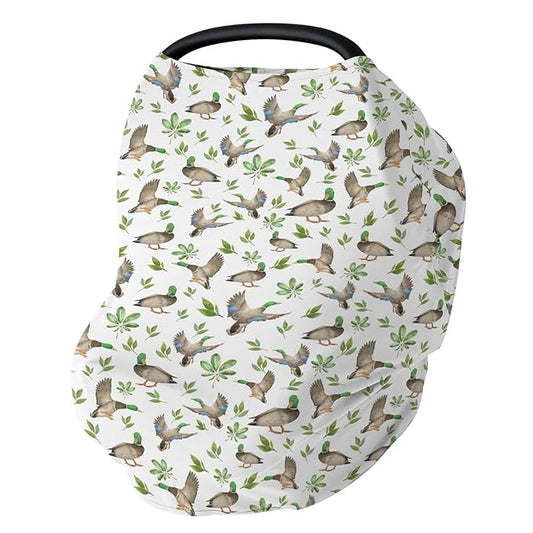 Wild Ducks Green Leaves Car Seat Cover for Babies Green Mallard Ducks Stretchy 5-in-1 Cover Adjustable Car Canopy Cover Duck Hunting Animals Breathable Nursing Cover-Up