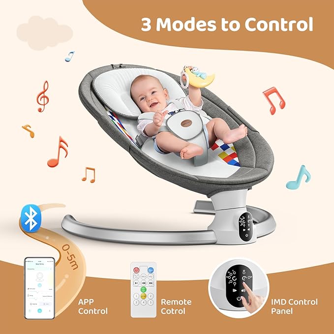 Baby Swings for Infants - Exclusive App & Bluetooth Function, Electric Baby Swing with 5 Point Harness & 5 Sway Speeds, 10 Preset Lullabies, Portable Infant Swing for Indoor/Outdoor(Dark Gray)