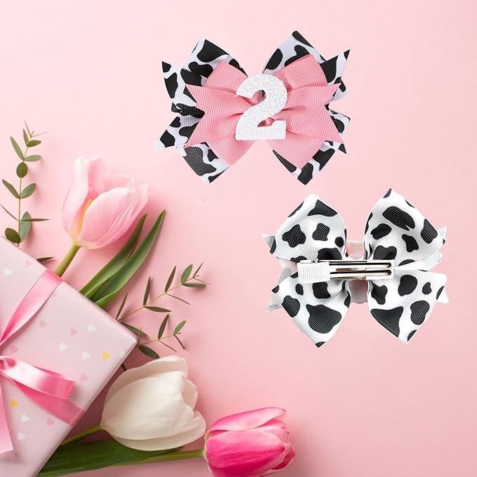 Birthday Hair Clips for Baby Girls - 2Pc Cow Print Bow with White Number Hair Clips for 2nd Birthday Baby Bow Party Decorations for Girls Toddlers Hair Accessories (Cow Print -2 Years)