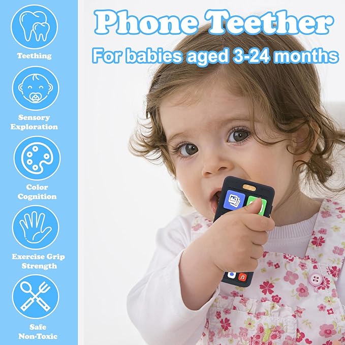 Cell Phone Teether for Baby 3-6 Months, Silicone Teething Toys for Babies 6-12 Months, Play Phone Teething Toy, Sensory Toy Chew Toy for Autism ADHD Toddlers, BPA Free