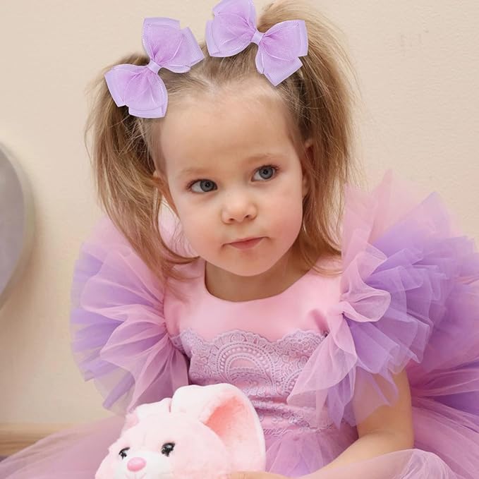 Tiny 3 Inch Organza Double Hair Bow Clips - Lined Boutique Alligator Hairpin for Baby Girls, Toddlers, and Little Teens - Kids Barrettes Set of 2 Small Stylish (Light Purple)