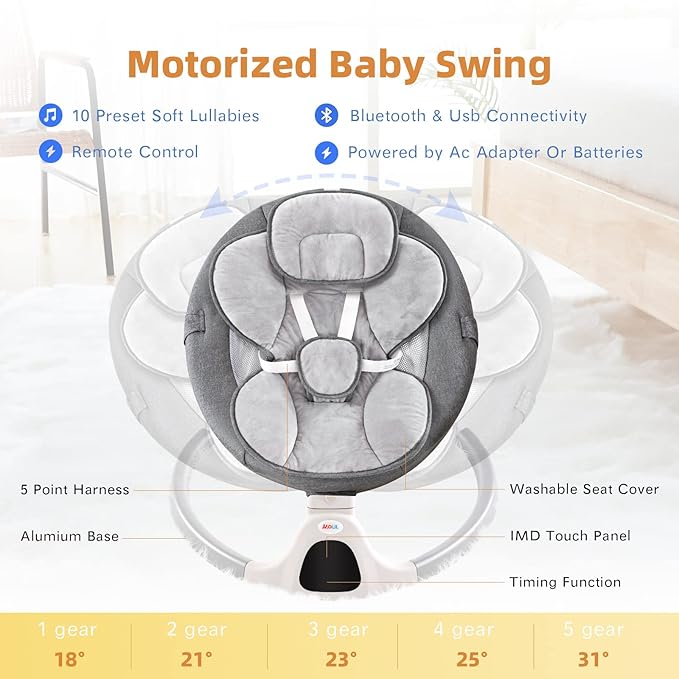 Jaoul Baby Swing for Infants - Electric Portable Newborn Bouncer, Timing Function, 5 Speeds, 3 Seat Positions for Boys and Girls (Gray)
