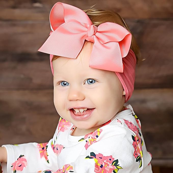 8 Pcs Baby Girls Headband Bows, Soft Nylon Hairbands Cute Big Bow Super Elastic Headband For Baby Girls Newborn Infant Toddlers (8 Pcs Girlish Heart, Large)