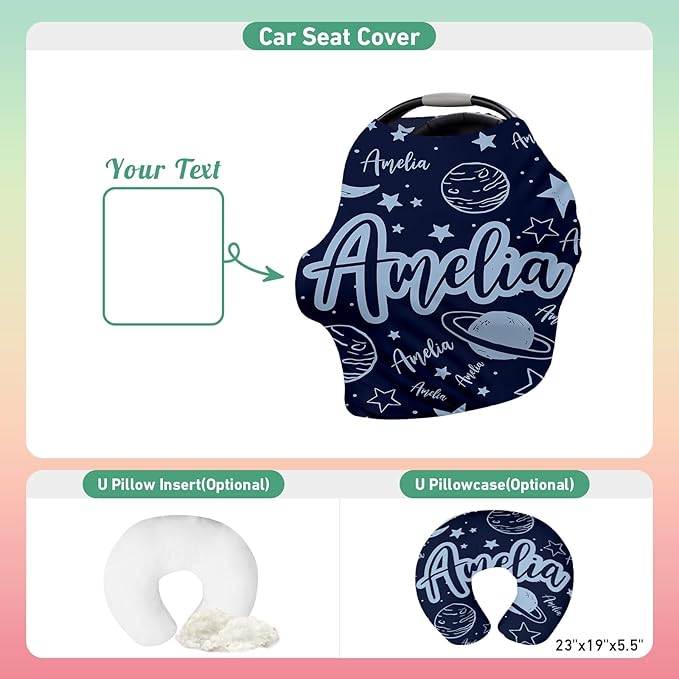 Custom Car Seat Covers for Babies - Breathable Blue Planet Baby Car Seat Cover for Girls Boys, Kick-Proof Newborn Carrier Canopy Stretchy Stroller Cover for 4 Seasons