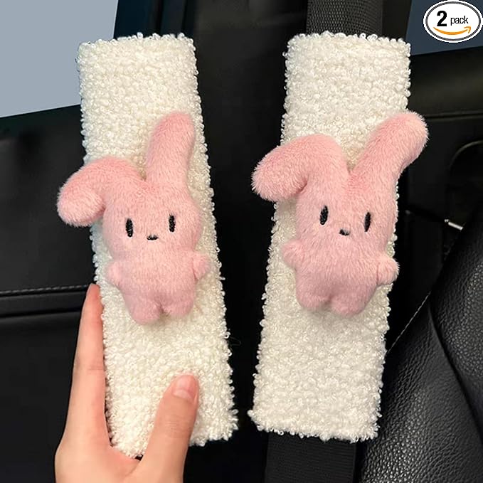 2 PCS Seat Belt Cover Pad, Cute Kawaii Animal Bunny Seatbelt Covers for Kids and Adults, Winter Plush Fluffy Soft Seat Belt Cover, Cartoon Seatbelt Cushion,Car Seat Strap Pads (C-Bunny)