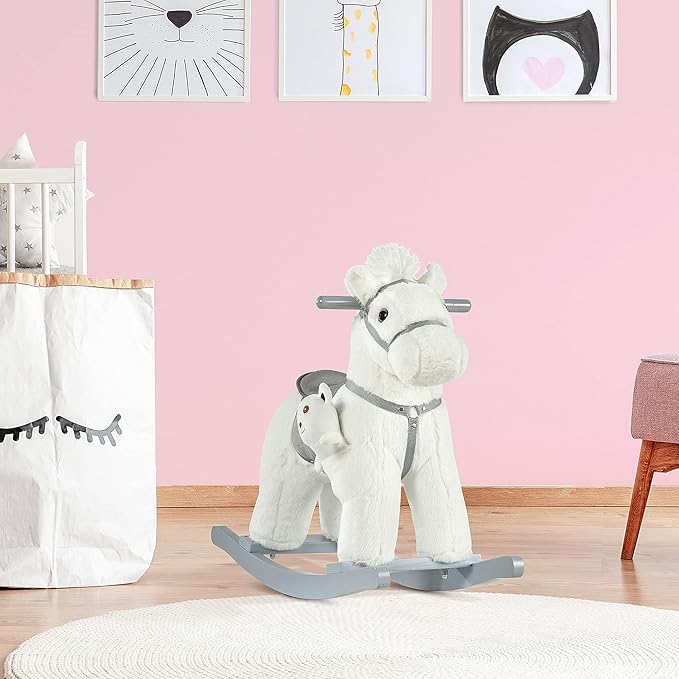 Qaba Kids Plush Ride-On Rocking Horse with Bear Toy, Children Chair with Soft Plush Toy & Fun Realistic Sounds, White