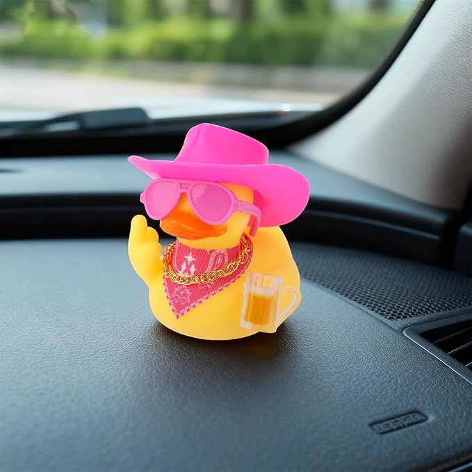 2pcs Funny Rubber Ducks for Dashboard, Cute Car Rubber Cool Duck Ornament with Mini Glasses Hat Scarf Accessories Decor for Home Office Refrigerator Decoration (Pink)