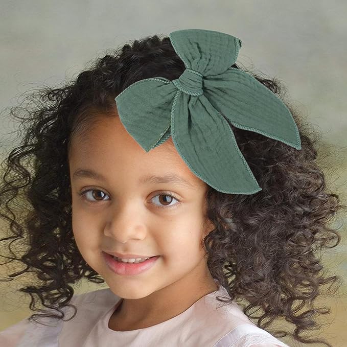 5.5 Inch Green Fable Hair Bow: Handmade Linen Cotton Hair Clip for Girls - 1 PCS