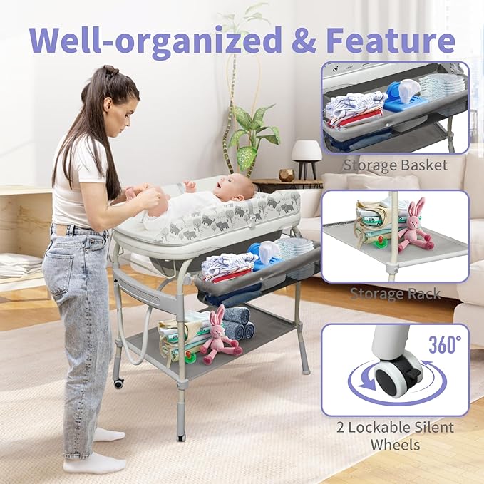 2 in 1 Baby Bathtub with Changing Table, DEYGIA Waterproof Diaper Changing Station Portable Changing Table Adjustable Height Nursery Organizer with Storage Rack for Newborn Infant Toddler, Cat Pattern