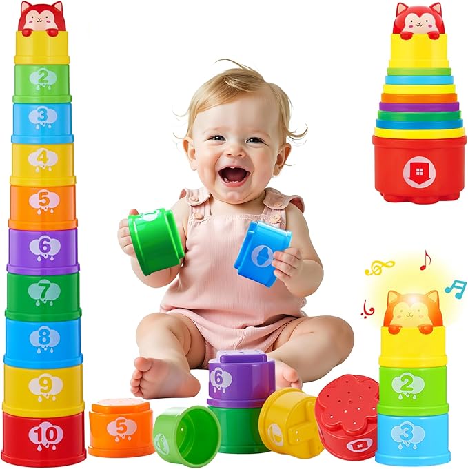 WEEJOYGAM Baby Stacking Cups, Nesting Stacking Toys for Toddlers 1-3 with Light and Sound, Montessori Toys for 1 Year Old Babies 6-12 12-18 Months Easter Gift Color Stack Bath Beach Blocks Rainbow Set