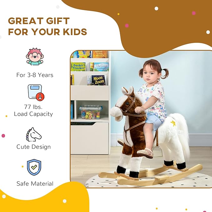 Qaba Rocking Horse with Sound, Ride on Horse with Saddle, Toddler Rocker, Gift for 3-8 Year Old, Brown