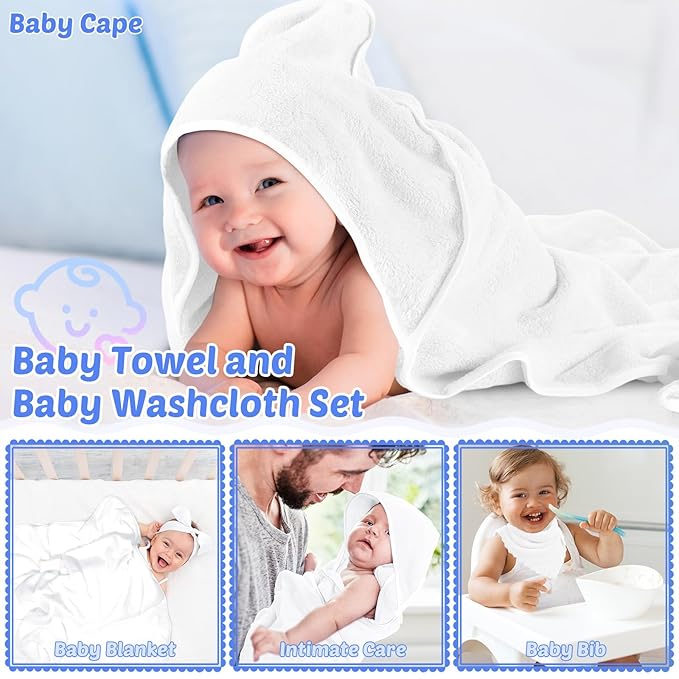 Buryeah 5 Pcs Baby Bath Towel and 15 Count Baby Washcloths Sets, Hooded Towels for Newborns Infants and Toddlers Soft Coral Fleece Toddler for Newborn Boy Girl(White)