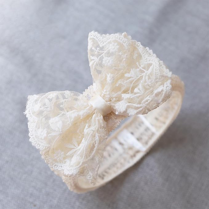 Lace White Bow-knot Baby Girls Headband Birthday Shower Infant Wrap Elastic Flower Baby Turban Hairband for Newborn Infant Toddler Kids (Ivory A, Elastic)