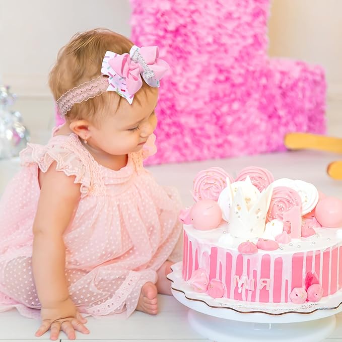 Hair Bows for Baby Girls Birthday - 1st Birthday Baby Girl Headband Sweet Theme with Ice Cream Party, Pink Hair Accessories for Baby Toddler 1 2 3 4 5 6 Years, Outfit & Decorations