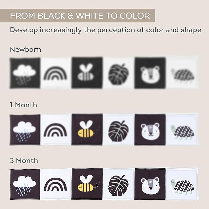 Taf Toys Newborn Soft Activity Book Black & White High Contrast Baby Book Infant Sensory Toys Tummy Time Soft Cloth Books for Babies Textured Fabric Crinkling Shapes Patterns 0-12 Months Newborn Toys