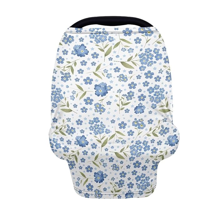 Biyejit Blue Floral 5-in-1 Car Seat Cover for Baby Girl Cow Lover Gift, Privacy Breastfeeding Nursing Cover, Newborn Infant Multi-use Carseat Canopy Carrier