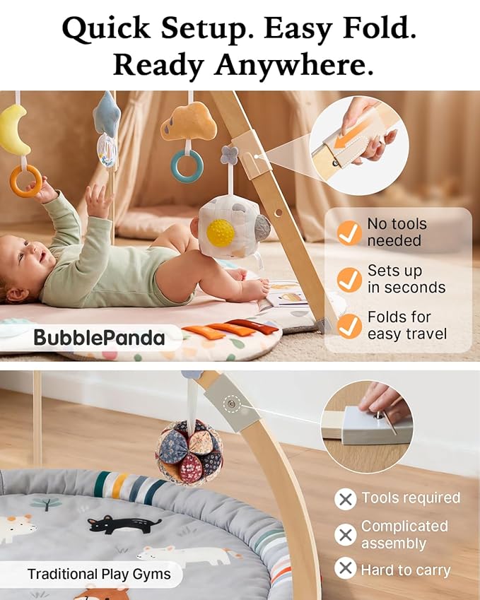 BubblePanda Baby Play Gym & Play Mat with Wooden Frame, Tummy Time Mat with Developmental Activity Zones & Detachable Sensory Toys for Motor Skills & Sensory Development for Baby Toddler