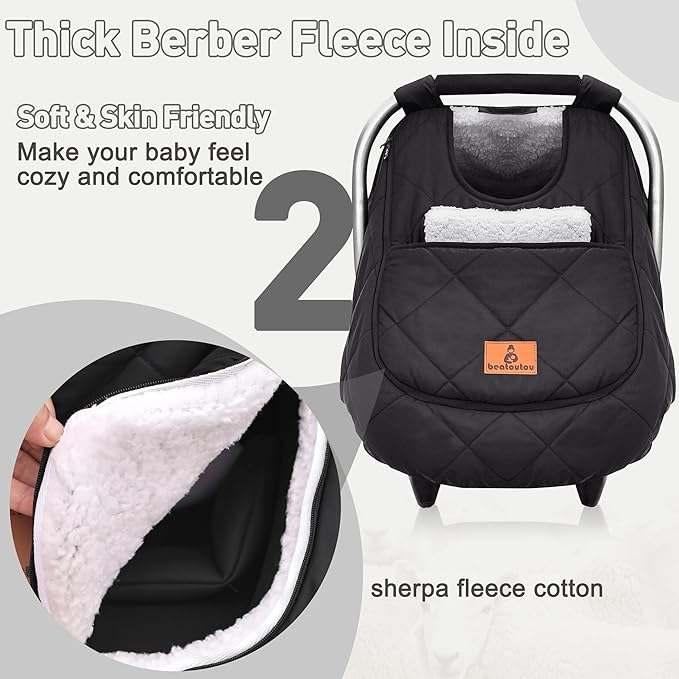beatoutou Winter Baby Car Seat Cover, Beatoutou Waterproof Winter Infant Carseat Canopy for Boys Girls, Cold Weather Warm Car Seat Covers for Babies, Keeps Babies Warm and Cozy (Black)