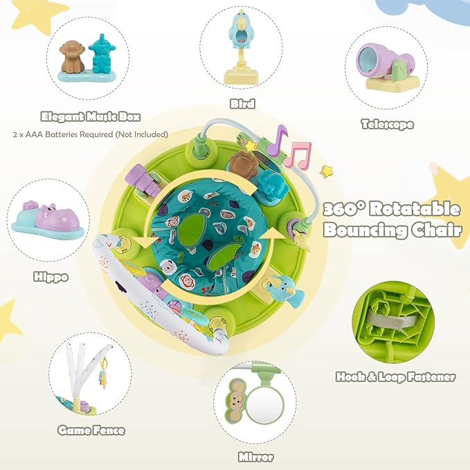 HOMGX Baby Bouncer Activity Center, 3 in 1 Baby Jumper Center & Infant Playtime Mat & Activity Table w/Baby Toys, 3 Adjustable Heights & 360° Rotatable Seat, Activity Center for Toddlers (Green)