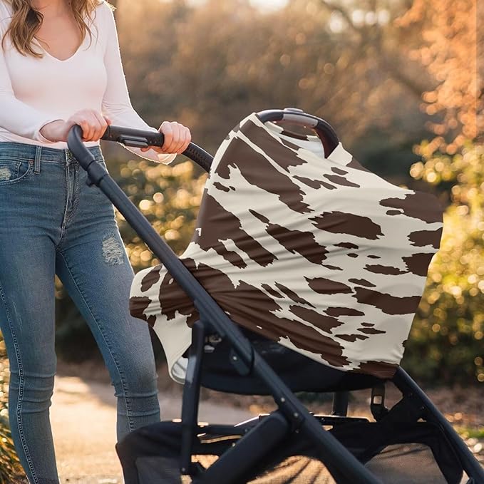 Brown Cow Print Baby Car Seat Cover Multi-use Carseat Canopy for Babies,Stretchy Infant Nursing Cover for Breastfeeding,Shower Gifts for Unisex Boys and Girls