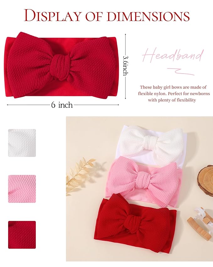 jollybows 3PCS Baby Bows Headbands Soft Nylon Baby Girl Headbands for Newborn Infant Toddler Kids Cute Bow Wide Hairbands Hair Accessories(White+Red+Pink)