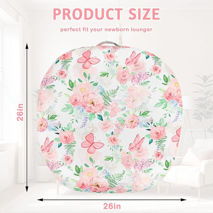 Newborn Lounger Cover for Girls Boys, Removable Soft Baby Lounger Cover, Reversible Infant Lounger Cover Minky, Pink Floral & Butterfly (Only Cover)