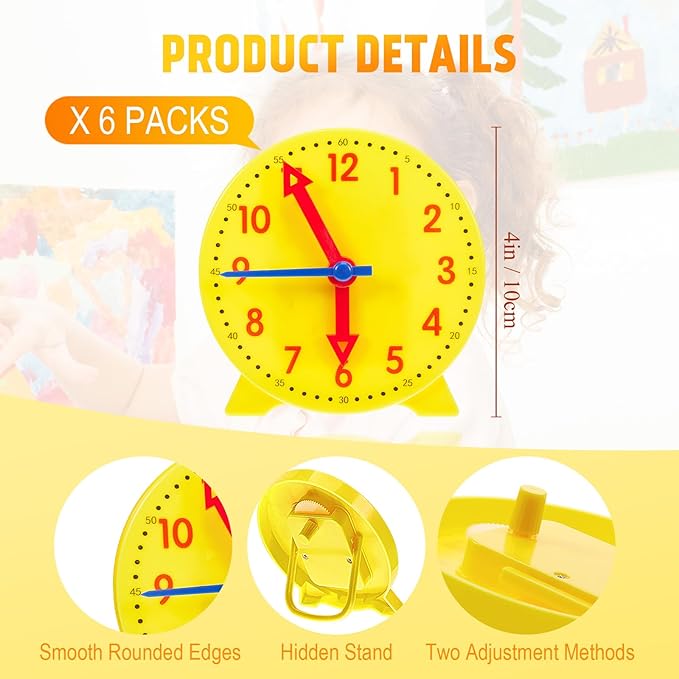 Henoyso 6 Pcs Teaching Clock Kit for Kids to Tell Time Mini Teaching Clock Bulk for Student Early Basic Math Skills Development Teacher and Classroom Supplies