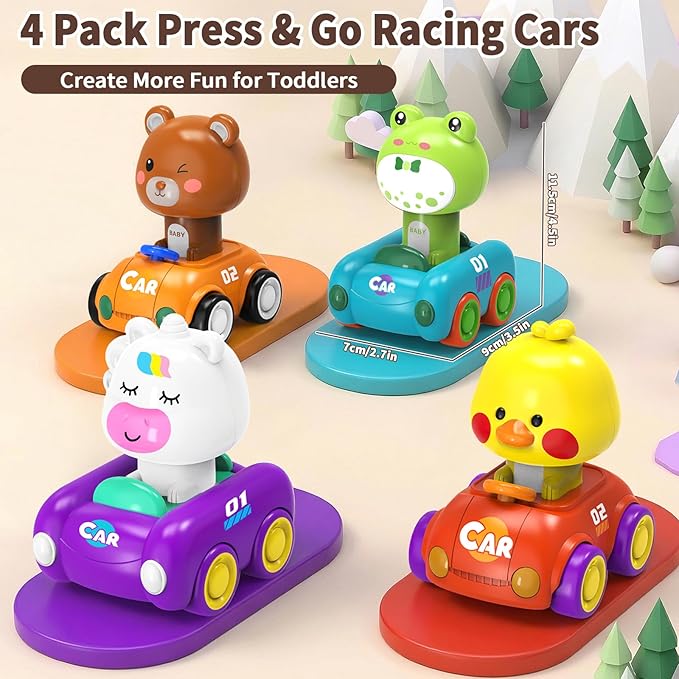 Press and Go Car Toys for Toddlers 1-3, 4 Pack Friction Powered Baby Push Cars, Infant Play Vehicle Set for 6-9-12-18 Months, 1st Birthday Gifts for 1-2 Year Old Boys Girls