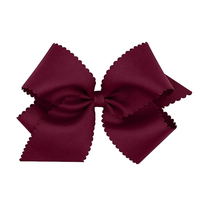 Wee Ones Girls' Classic Grosgrain Hair Bow with Scalloped Edges, No-Slip Hair Clip, Handmade, Burgundy, King