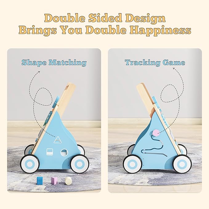 Baby Walker with Activity Center, Wooden Walker Toddler Push Walker Adjustable Height and Speed Montessori Walker Toy for Boys Girls Ages 9+ Months, Blue