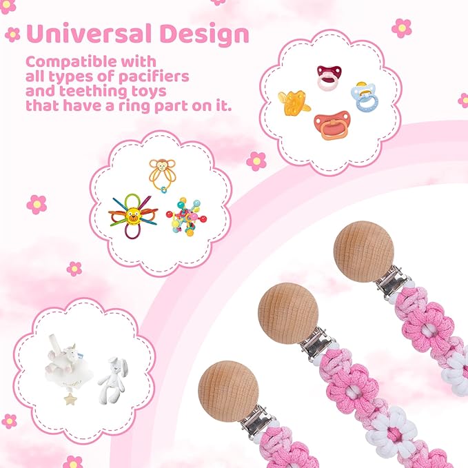 Pacifier Clip for Boys Girls Floral Daisy Macrame Baby Paci Clip Pacifier Holder Leash Boho Wooden Clips Handmade Braided Cotton Binky Clips (2pack:Pink Daisy × 2)