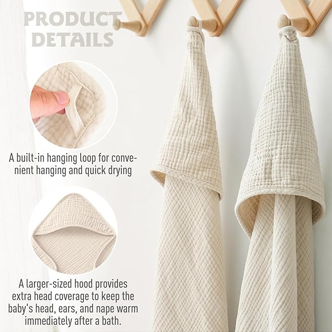 Cinaci 1pc Soft & Absorbent 100% Muslin Cotton Baby Hooded Bath Towel for Baby Girls Boys Newborns Infants Toddlers Kids (Cream)