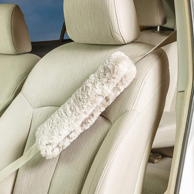 Engel Worldwide Soft, Comfortable Universal Fitting Genuine Merino Sheepskin Seat Belt Shoulder Cover Pads for Adults, Children, Youth.Twin Pack! Multiple Colors Available (Pearl)