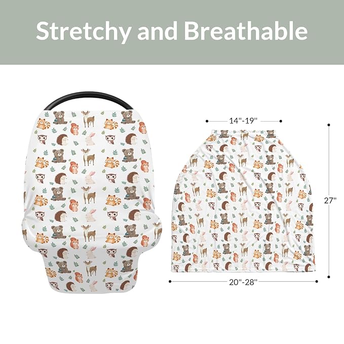 Cute Forest Animals Leaves Baby Car Seat Covers Bear Deer Raccoon Squirrel Bunny Hedgehog Owl Stretchy 5-in-1 Cover Adjustable Car Canopy Cover Wildlife Breathable Nursing Cover-Up