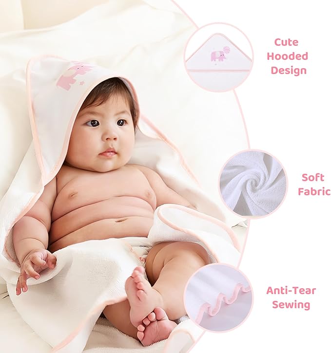 Mooreeke Baby Towel with Hood for Girls Pink Elephant Bath Towel for Babies Ultra Soft Absorbent 3 PCS Baby Towels and 3 PCS Washcloths for Newborn Essentials