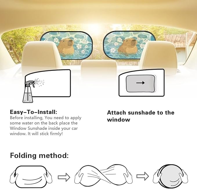Bulopur 2 Pack Floral Capybara Window Shade Baby in Car Glare Shield Protection Cute Side Window Screens Easy to Install UV Protection Breathable Universal Fit