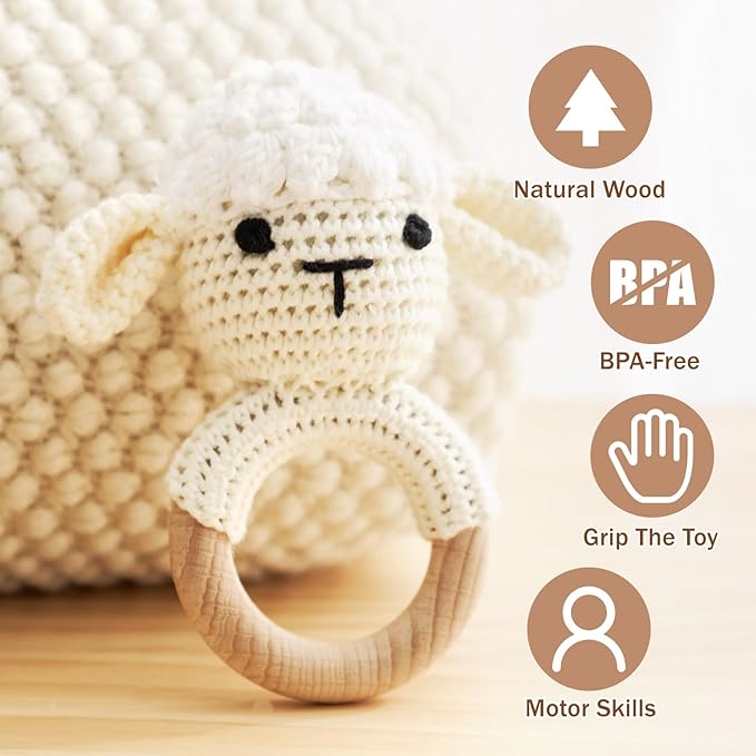 Wooden Baby Rattle, Crochet Lamb Rattle, Newborn Wooden Animal Rattle Toy, Infant Rattle Toys