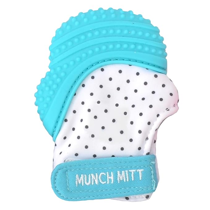 Malarkey Kids Patented Teething Mitten, Munch Mitt Baby Chew Toy - Protects Hands from Chewing & Saliva, Heals Aching Gums, Promotes Sound & Visual Stimulation for Babies - Aqua Polka Dot