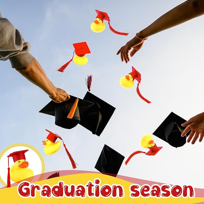 Lenwen 24 Pcs Graduation Rubber Ducks with Grad Cap Mini Rubber Duckies Gifts Bulk for Graduation Party Favors Decoration(Red Grad Hat)