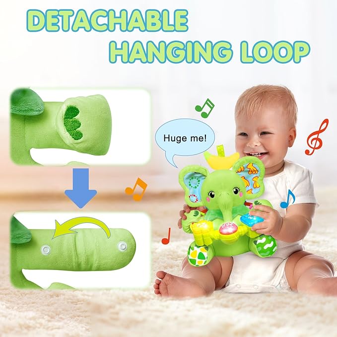 Ryotagift Baby Bilingual Musical Elephant Stuffed Animals Toys,Infant Early Learning Toy with Light-Up Music & Crinkle,Tummy Time Toys for 0 3 6 9 12+ Months for Baby Boy Girl Gift,Green
